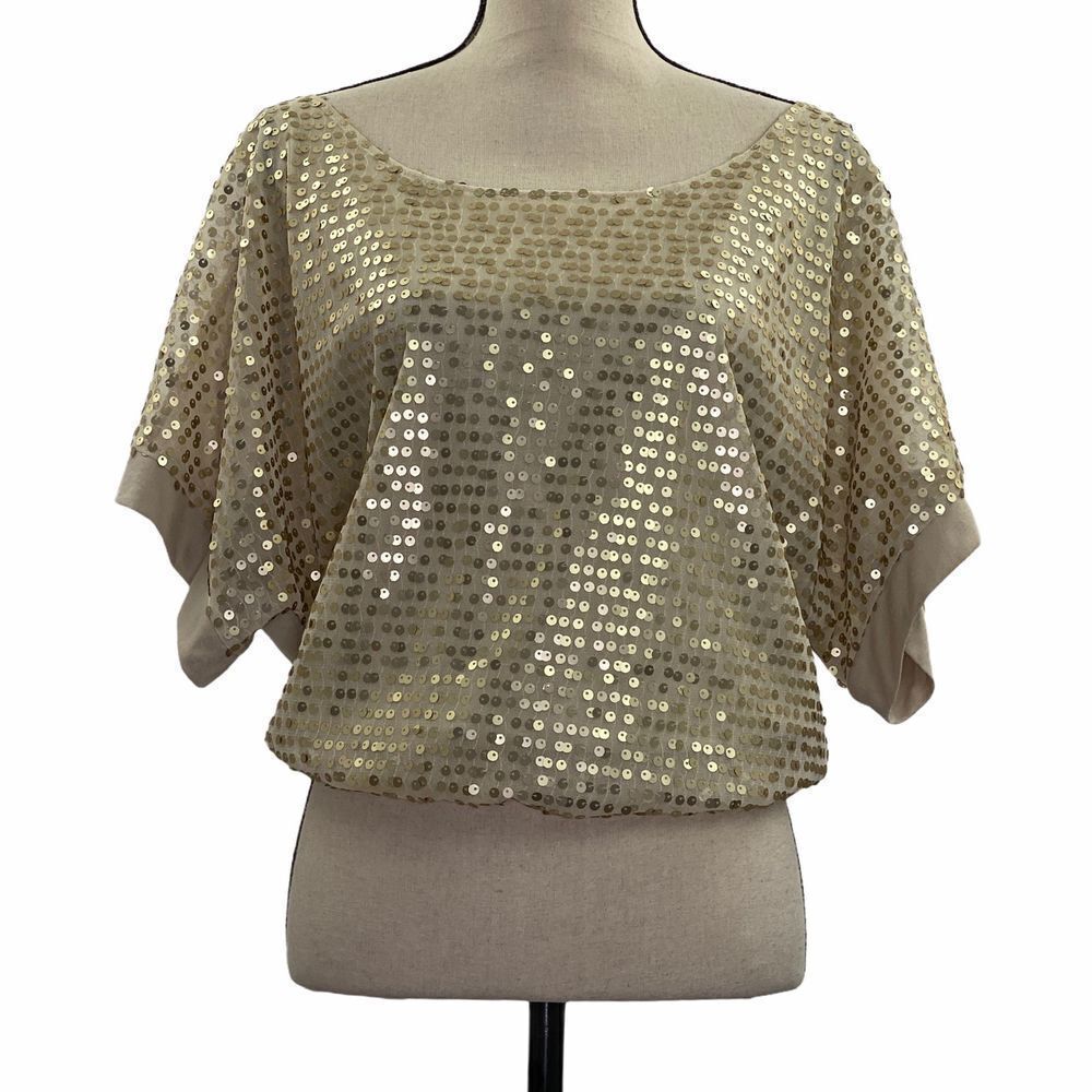 LA Mamba Cream Sequined Relaxed Blouse Size Small
